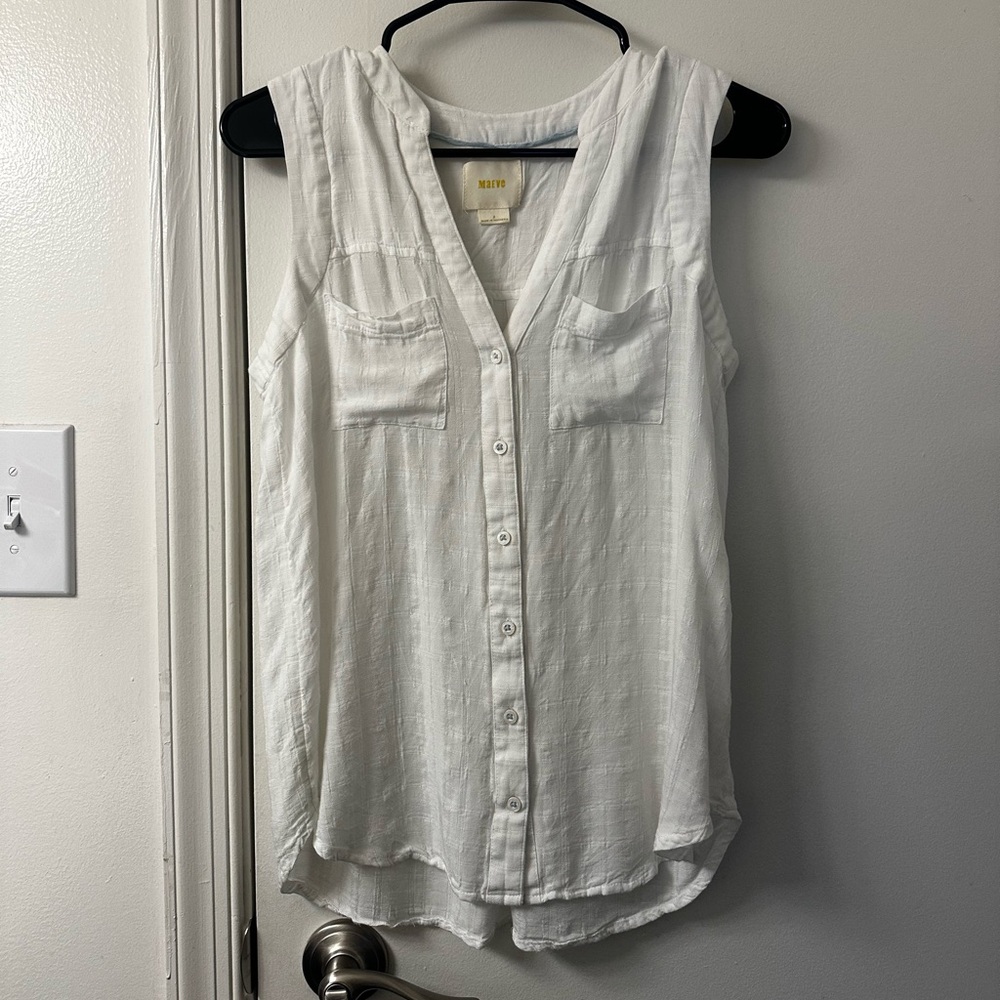 Anthropologie Maeve White Textured Button-Down Tank Blouse
